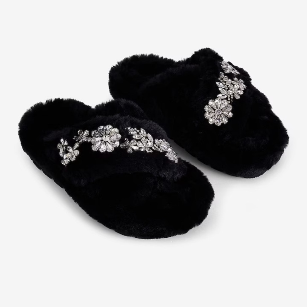 EXPRESS Faux Fur Rhinestone Crossover Slippers